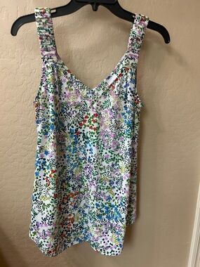 CAbi White Floral Sleeveless Blouse with Multicolor Print